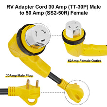Load image into Gallery viewer, RA- AP031  12" RV Electrical Adapter 30A male to 50A female with right angle twist lock, 10AWG