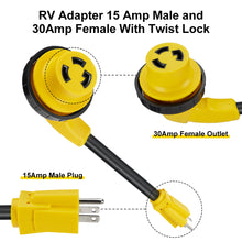 Load image into Gallery viewer, RA- AP029 12" RV Electrical Adapter 15A male to 30A female with right angle twist lock, 10AWG