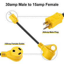 Load image into Gallery viewer, RA-AP02 Dog Bone RV Adaptor 15amp Male to 30amp Female 12" 12AWG/3 Cord With Handles